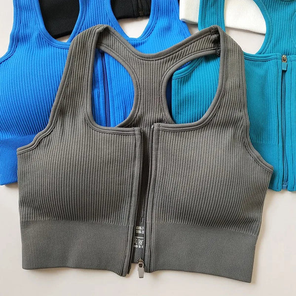 Pack of 3 Ribbed Padded Front Zip Sports Bras – Breathable Activewear 299
