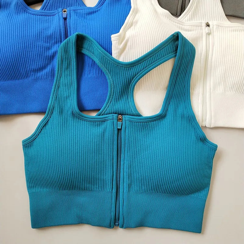 Pack of 3 Ribbed Padded Front Zip Sports Bras – Breathable Activewear 299