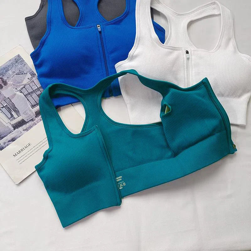 Pack of 3 Ribbed Padded Front Zip Sports Bras – Breathable Activewear    299