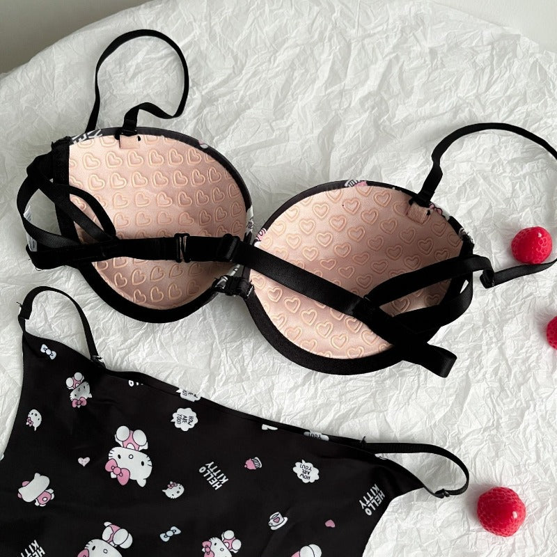 Shezaib High Quality Front Open 4 In 1  Push-up Hello Kitty Print Adjustable Straps Bra Panty Set 016