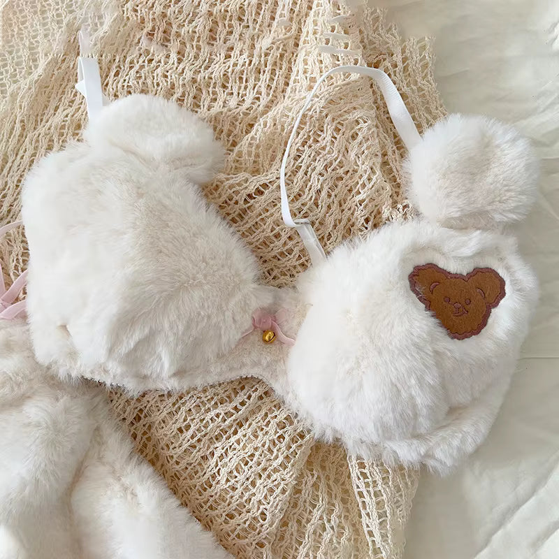 Fluffy Faux Fur Padded Bra Panty Set – Cute Bear Embroidery Japanese Style