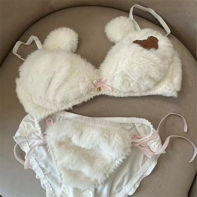 Fluffy Faux Fur Padded Bra Panty Set – Cute Bear Embroidery Japanese Style