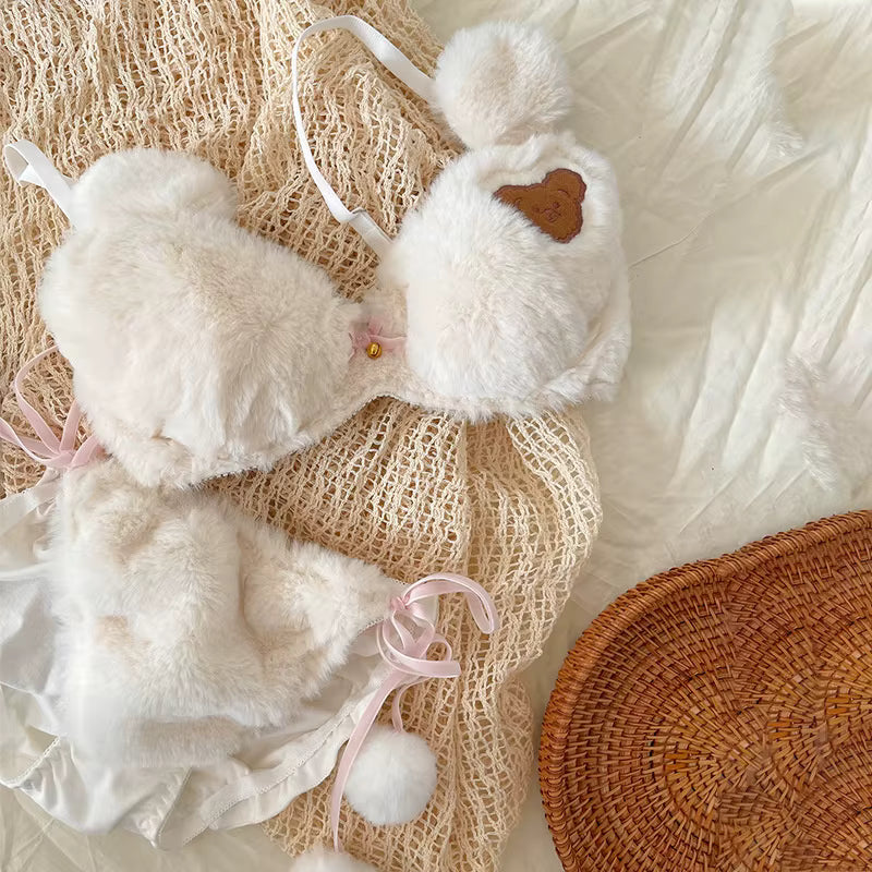 Fluffy Faux Fur Padded Bra Panty Set – Cute Bear Embroidery Japanese Style