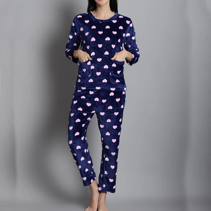 New 2 Pc Winter Korean Flannel Women Pajamas Set O-Neck Velvet Warm Pajama Set