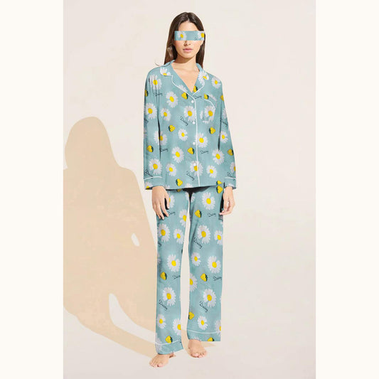 Shezaib Floral Sun Flower Linen Pajamas Sets With Free Scrunchie Sleepwear Lingerie Sets Sex Nighty Two Pieces Set