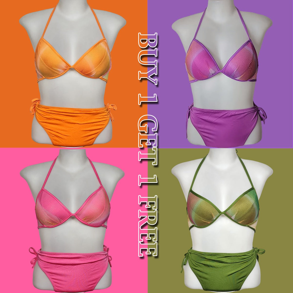 Shezaib Buy 1 Get 1 Free Padded Sexy Plunge Tie Triangle Halter Bikini Set
