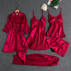 Shezaib 5 pcs Non Padded Pure Silk Pajama Set Cami Top Nightgown Sexy Sleepwear Robe Sets Lace Nightdress