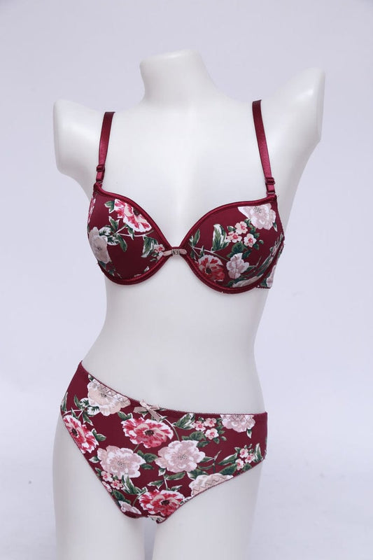 Shezaib Double Padded Wired and Push Up Flower Printed High Quality Adjustable Straps Back Closure Bra And Panty Set