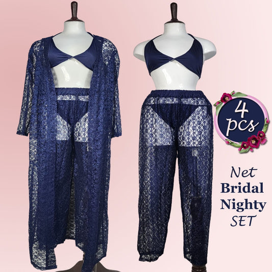 Shezaib 4 pcs High Qaulity Lace Net See Through Bridal Nighty Set
