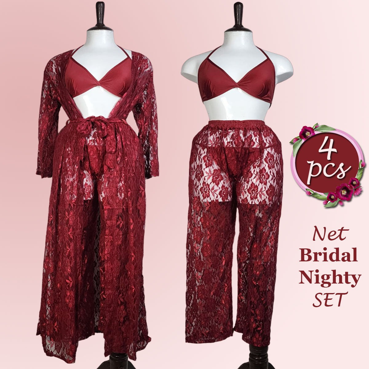 Shezaib 4 pcs High Qaulity Lace Net See Through Bridal Nighty Set