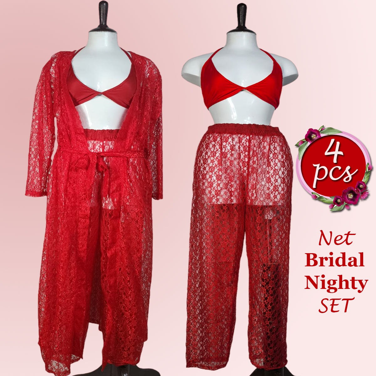 Ladies imported 4pcs High quality Lace Nighty Net See Bridal Set