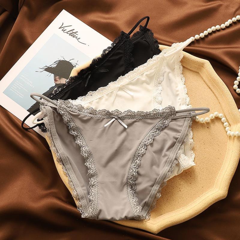 New Pack Of 3 Sexy High Quality G-string Cotton Ice Silk Thin Belt Low-waisted Lace Panties 1884