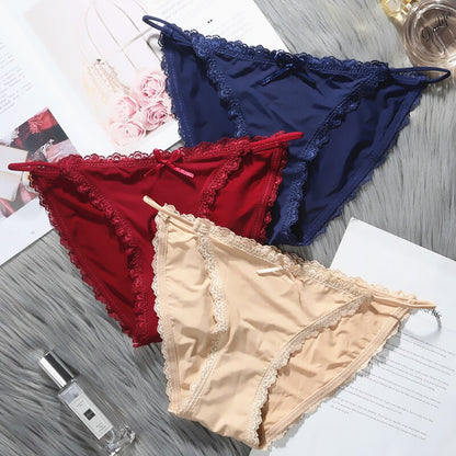 New Pack Of 3 Sexy High Quality G-string Cotton Ice Silk Thin Belt Low-waisted Lace Panties 1884