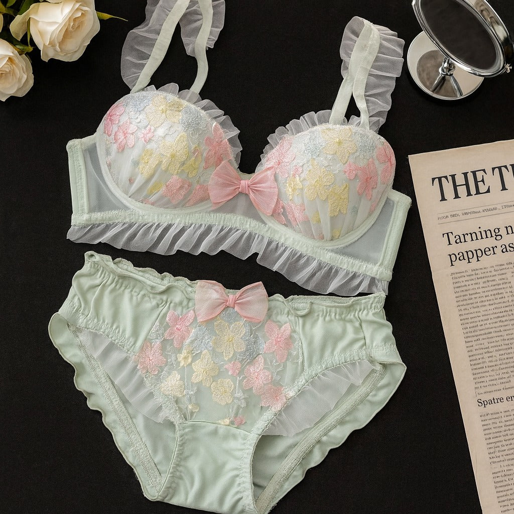 Flourish Pastel Pink Floral Embroidered Bra & Panty Set | Delicate Ruffle & Bow Design 022