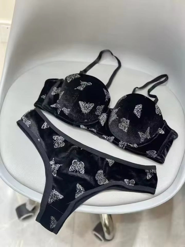 Shezaib Velvet Butterfly Print Bra & Panty Set – Soft Padded, Wired, Premium Lingerie for Girls & Women 8092
