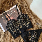 Shezaib  Lux Embroidered Black Mesh Bralette & Panty Set – Gold Floral Detailing | Elegant Lingerie for Women