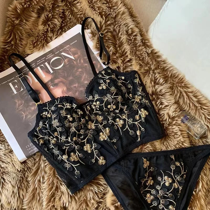 Shezaib  Lux Embroidered Black Mesh Bralette & Panty Set – Gold Floral Detailing | Elegant Lingerie for Women
