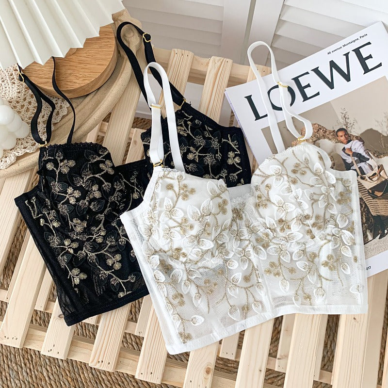 Shezaib  Lux Embroidered Black Mesh Bralette & Panty Set – Gold Floral Detailing | Elegant Lingerie for Women