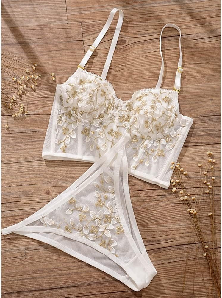 Shezaib  Lux Embroidered Black Mesh Bralette & Panty Set – Gold Floral Detailing | Elegant Lingerie for Women