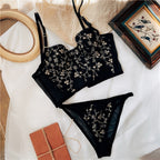 Shezaib  Lux Embroidered Black Mesh Bralette & Panty Set – Gold Floral Detailing | Elegant Lingerie for Women