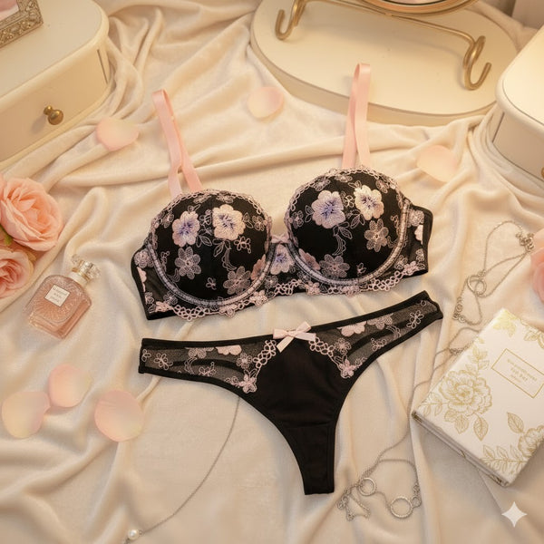 Shezaib Midnight Blossom Lace Lingerie Set – Elegant Black & Blush Embroidered Soft Pad Wired Bra & Panty Set 18406-01
