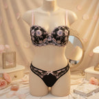 Shezaib Midnight Blossom Lace Lingerie Set – Elegant Black & Blush Embroidered Soft Pad Wired Bra & Panty Set 18406-01