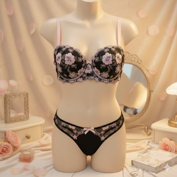 Shezaib Midnight Blossom Lace Lingerie Set – Elegant Black & Blush Embroidered Soft Pad Wired Bra & Panty Set 18406-01