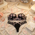 Shezaib Midnight Blossom Lace Lingerie Set – Elegant Black & Blush Embroidered Soft Pad Wired Bra & Panty Set 18406-01