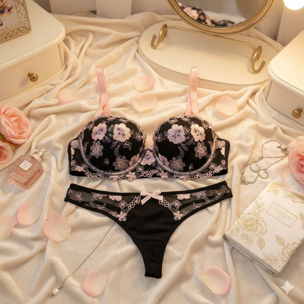 Shezaib Midnight Blossom Lace Lingerie Set – Elegant Black & Blush Embroidered Soft Pad Wired Bra & Panty Set 18406-01