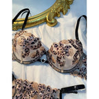 New Non padded Wird Golden Bloom Lace Lingerie Set – Luxe Leopard Embroidery with Strappy Elegance