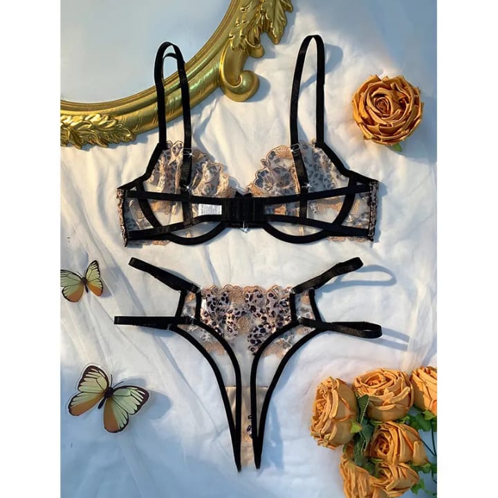 New Non padded Wird Golden Bloom Lace Lingerie Set – Luxe Leopard Embroidery with Strappy Elegance