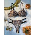 New Non padded Wird Golden Bloom Lace Lingerie Set – Luxe Leopard Embroidery with Strappy Elegance