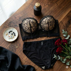 Shezaib Bridal Strapless Corset Set – Elegant Black Floral Lace Padded Underwired Bra & Matching Panty Lingerie Set 2818