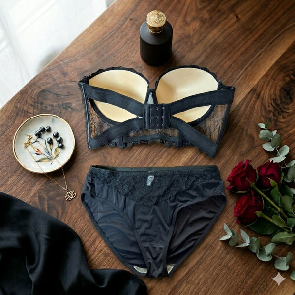 Shezaib Bridal Strapless Corset Set – Elegant Black Floral Lace Padded Underwired Bra & Matching Panty Lingerie Set 2818