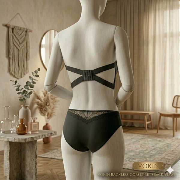 Shezaib Bridal Strapless Corset Set – Elegant Black Floral Lace Padded Underwired Bra & Matching Panty Lingerie Set 2818