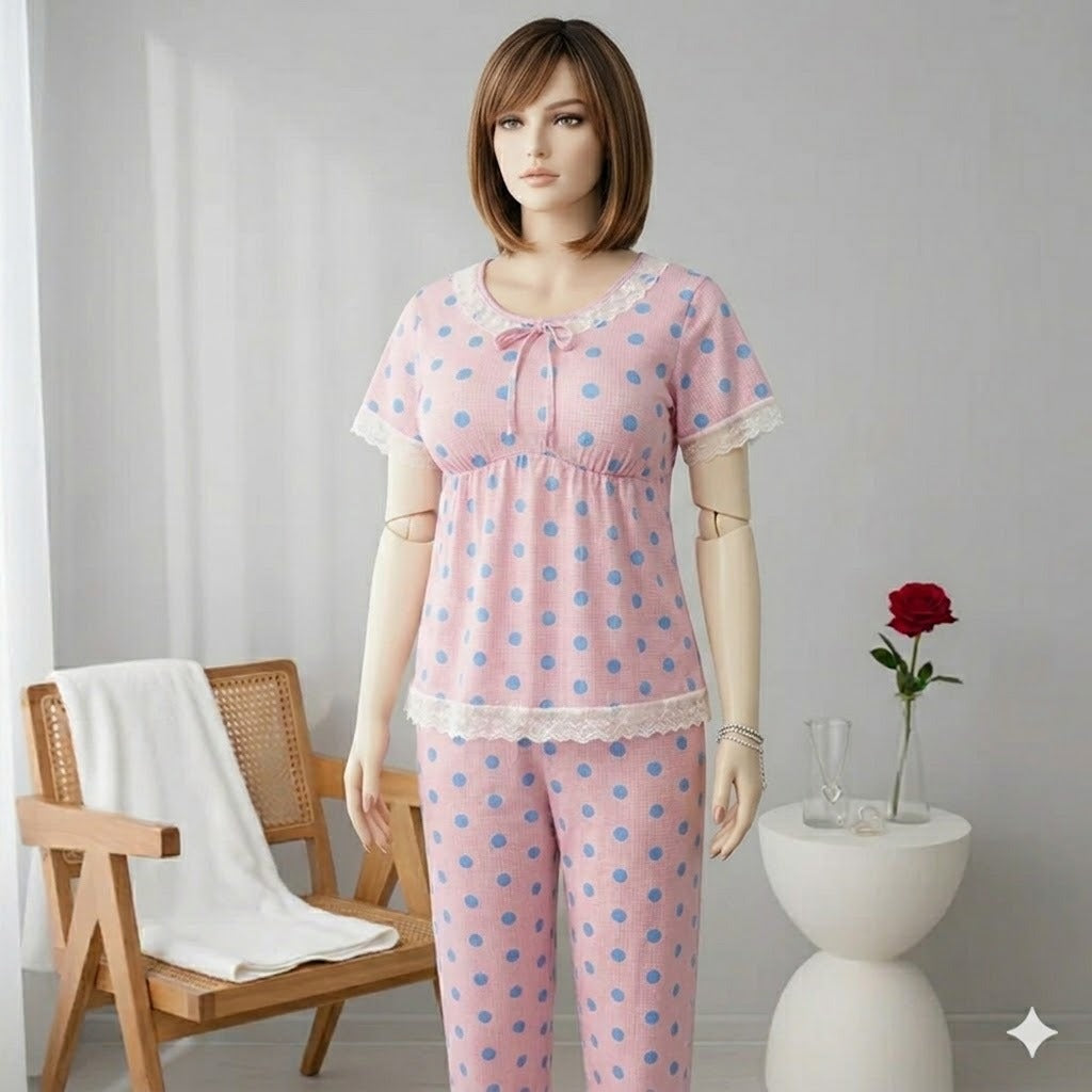 Shezaib Pastel Pink & Blue Polka Dot 2-Piece Nightwear Set -720