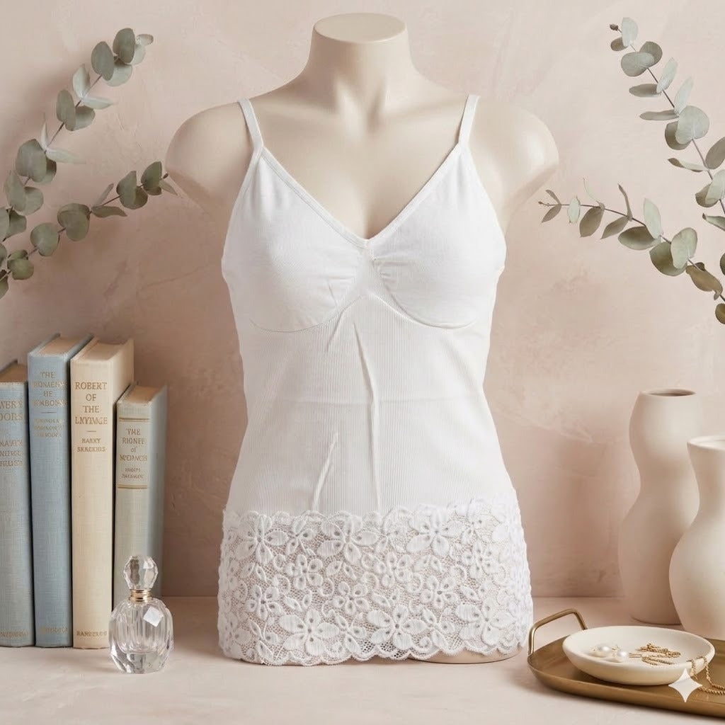 Women's Seamless Lace Camisole Tank Top with Built-In Bra – Soft Stretch Comfort Cami CMS-001
