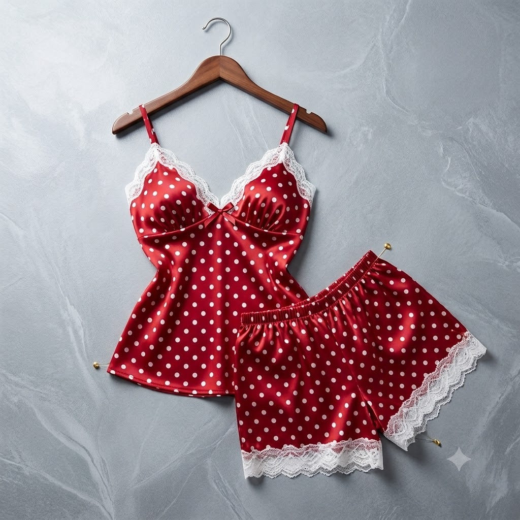 Padded Silk Pajamas For Women Sexy Lingerie Lace Trim Camisole And Shorts Polka Dot Sleepwear Home Wear 816