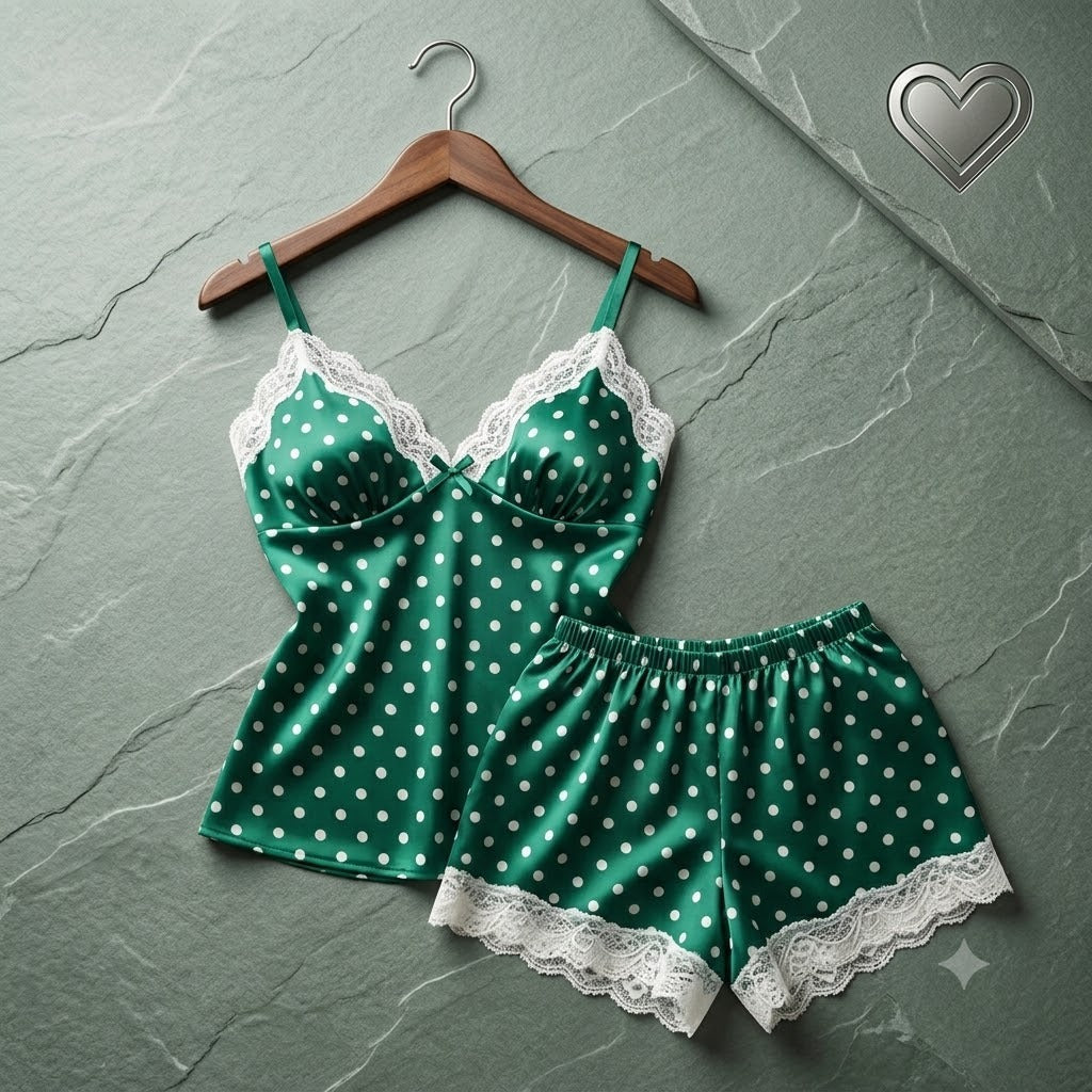 Padded Silk Pajamas For Women Sexy Lingerie Lace Trim Camisole And Shorts Polka Dot Sleepwear Home Wear 816
