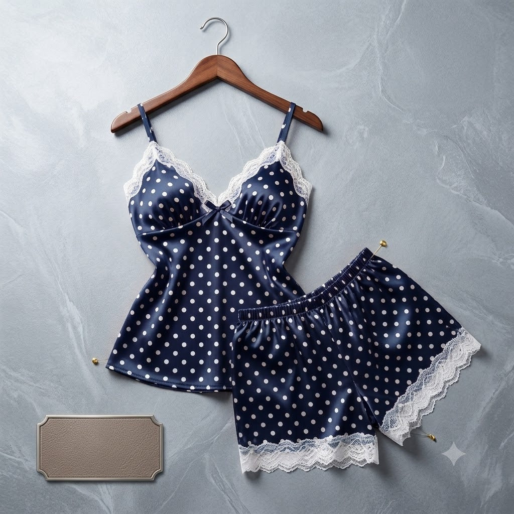 Padded Silk Pajamas For Women Sexy Lingerie Lace Trim Camisole And Shorts Polka Dot Sleepwear Home Wear 816