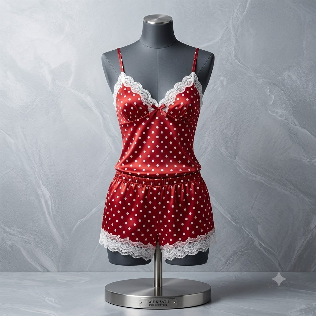 Padded Silk Pajamas For Women Sexy Lingerie Lace Trim Camisole And Shorts Polka Dot Sleepwear Home Wear 816