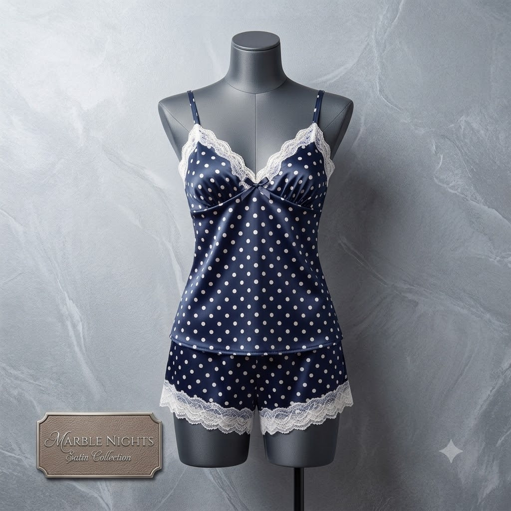 Padded Silk Pajamas For Women Sexy Lingerie Lace Trim Camisole And Shorts Polka Dot Sleepwear Home Wear 816