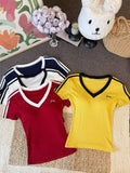 Women’s V-Neck Padded Ribbed Top T-shirt -Bow 5219