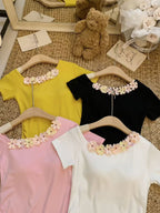 Women’s Padded Floral Neckline T-Shirt - Flower 5641