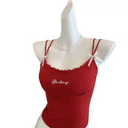 Casual Padded Strappy Crop Top with Letter Embroidery