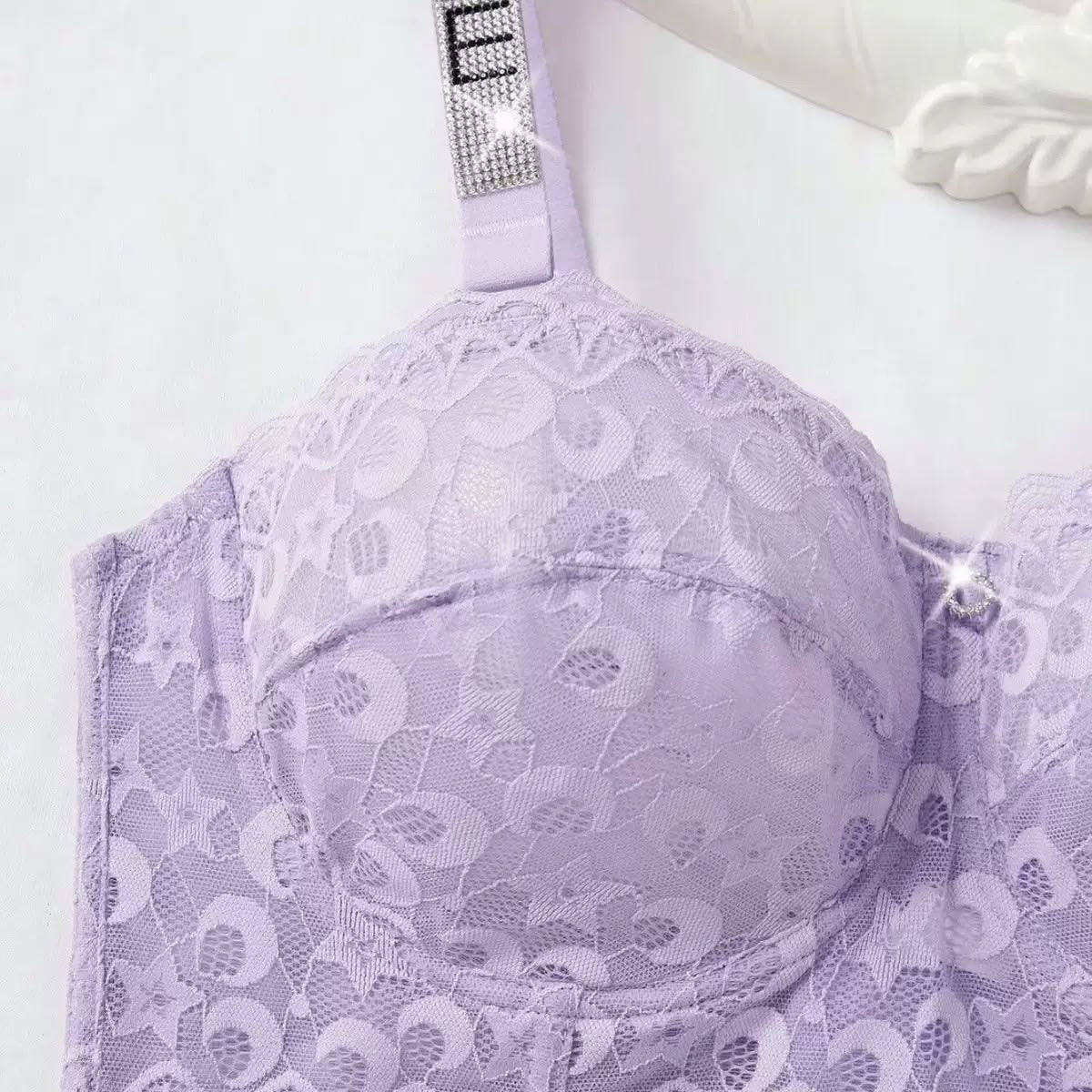 Premium Floral Lace Non-Padded Bralette with Rhinestone LOVE Straps -1014