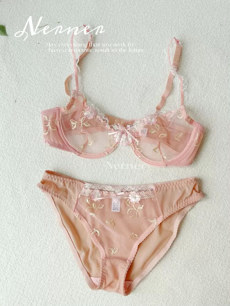 Elegant Non-Padded Floral Embroidered Mesh Bra & Panty Set -9980