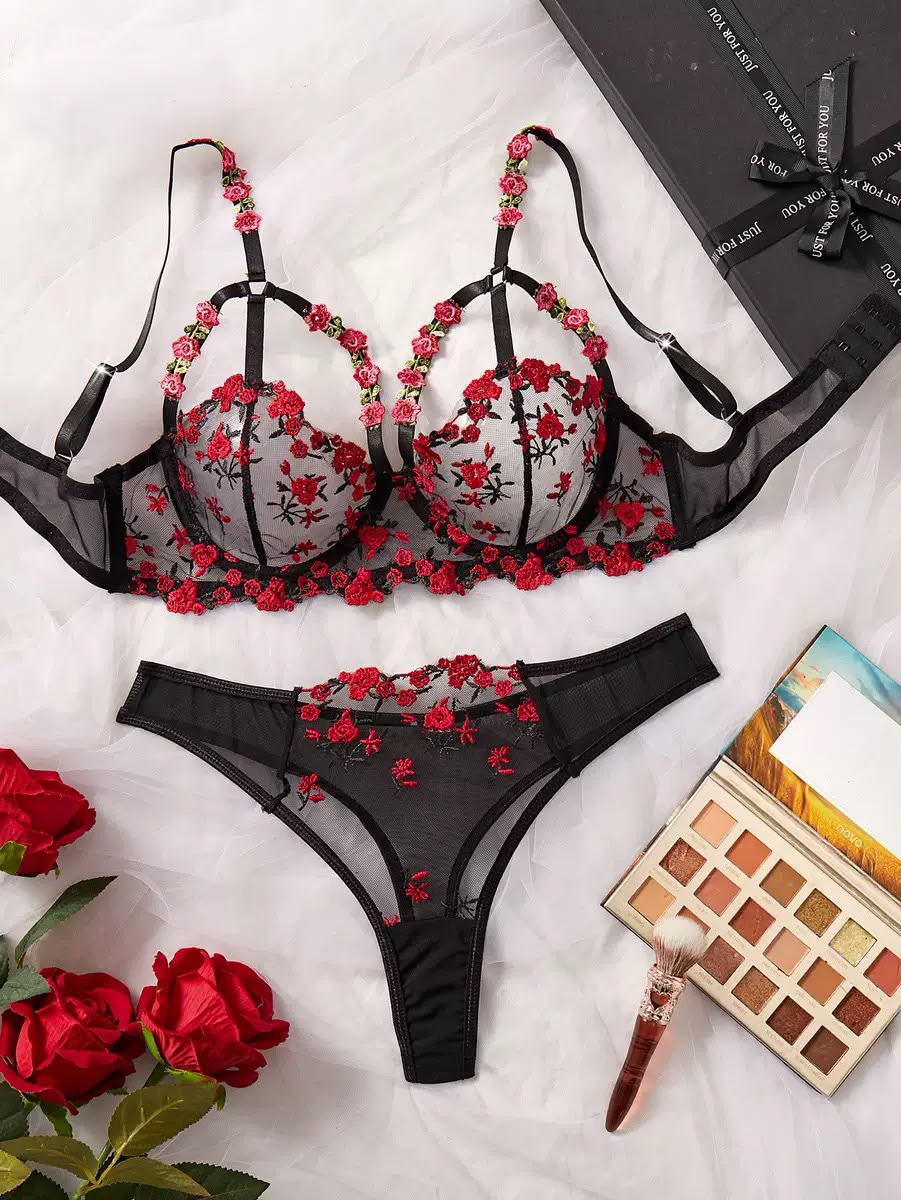 Floral Embroidered Sheer Lingerie Set -118