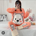 Cute Peach Coral Bear Plush Velvet Pajama Set – Warm & Soft Winter Sleepwear