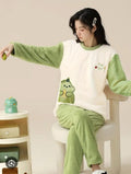 Cute "FUN TIME" Sage Green Plush Velvet Pajama Set – Warm & Cozy Winter Sleepwear